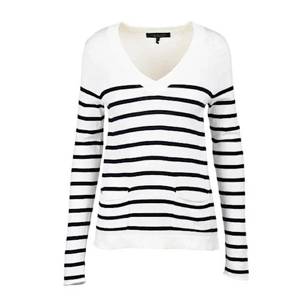 RAG & BONE Cashmere Cotton Stripe Knit V-Neck Old‎ Money Nautical Sweater XS